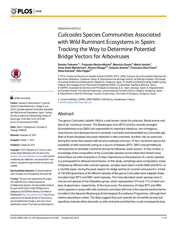 Culicoides species communities associated with wild ruminant ecosystems in Spain: Tracking the way to determine potential bridge vectors for arboviruses