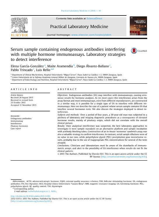 Serum sample containing endogenous antibodies interfering with multiple hormone immunoassays. Laboratory strategies to detect interference
