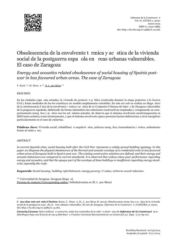 Obsolescencia de la envolvente térmica y acústica de la vivienda social de la postguerra española en áreas urbanas vulnerables: El caso de Zaragoza