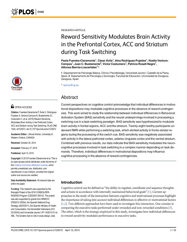 Reward sensitivity modulates brain activity in the prefrontal cortex, ACC and striatum during task switching