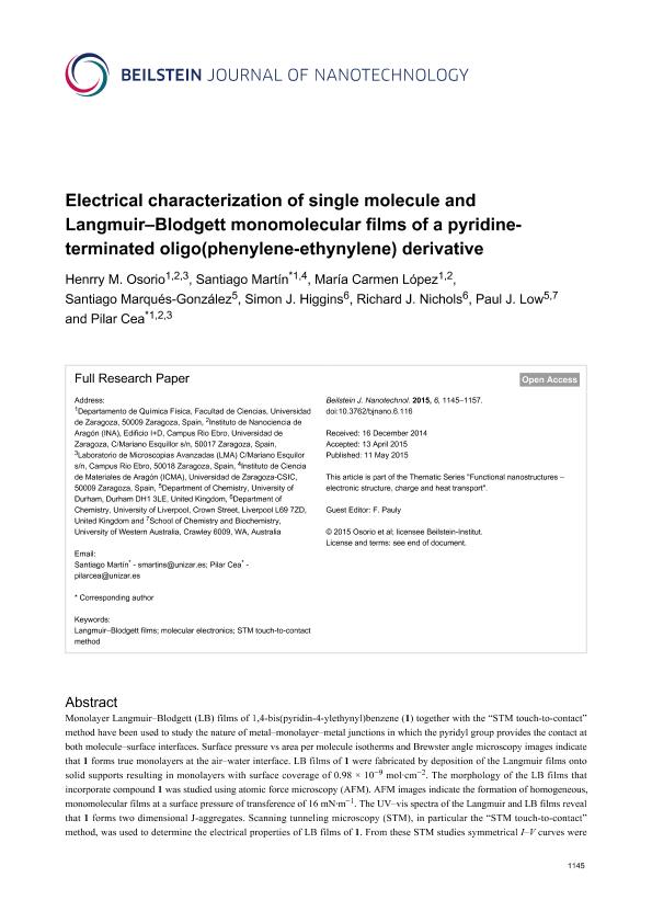 Electrical characterization of single molecule and Langmuir–Blodgett monomolecular films of a pyridine-terminated oligo(phenylene-ethynylene) derivative