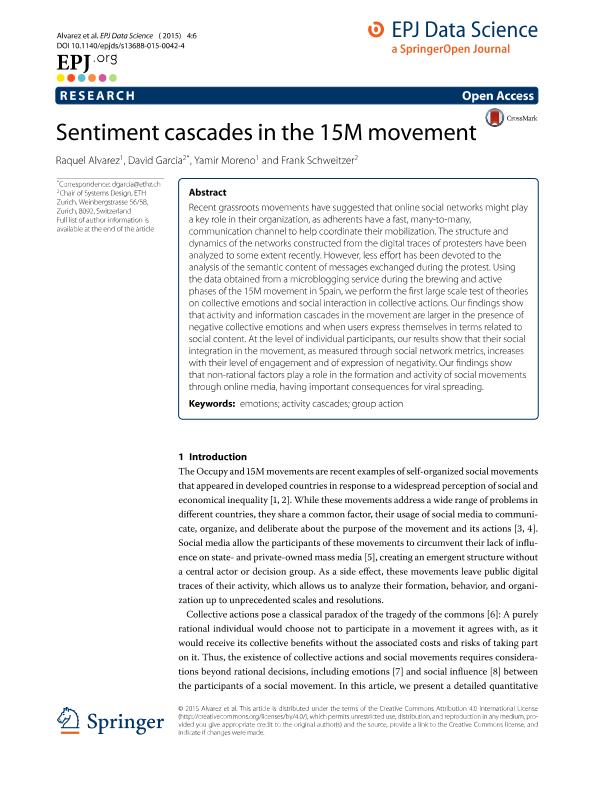 Sentiment cascades in the 15M movement
