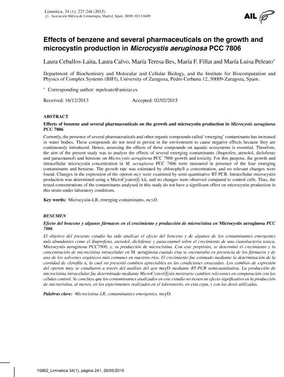 Effects of benzene and several pharmaceuticals on the growth and microcystin production in Microcystis ruginosa PCC 7806