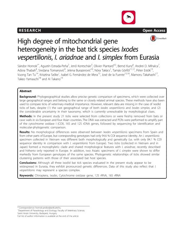 High degree of mitochondrial gene heterogeneity in the bat tick species Ixodes vespertilionis, I. ariadnae and I. simplex from Eurasia
