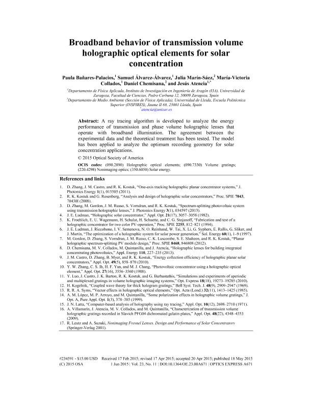 Broadband behavior of transmission volume holographic optical elements for solar concentration