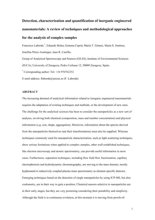 Detection, characterization and quantification of inorganic engineered nanomaterials: A review of techniques and methodological approaches for the analysis of complex samples