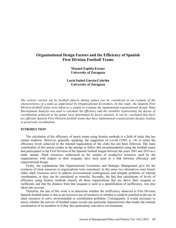 Organisational Design factors and the efficiency of Spanish First Division football teams