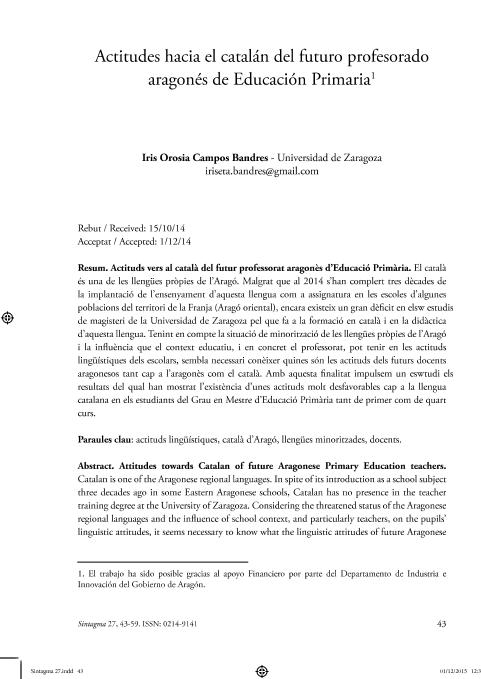 Actitudes hacia el catalán del futuro profesorado aragonés de Educación Primaria