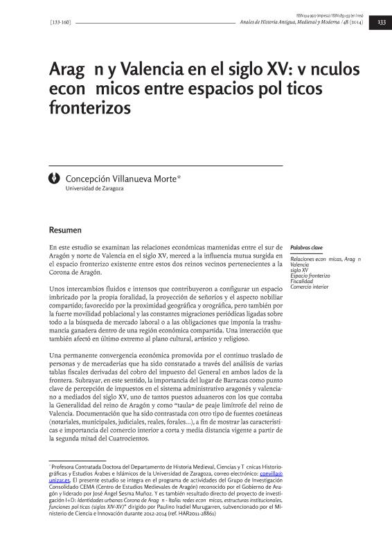 Aragón y Valencia en el siglo XV: vínculos económicos entre espacios políticos fronterizos