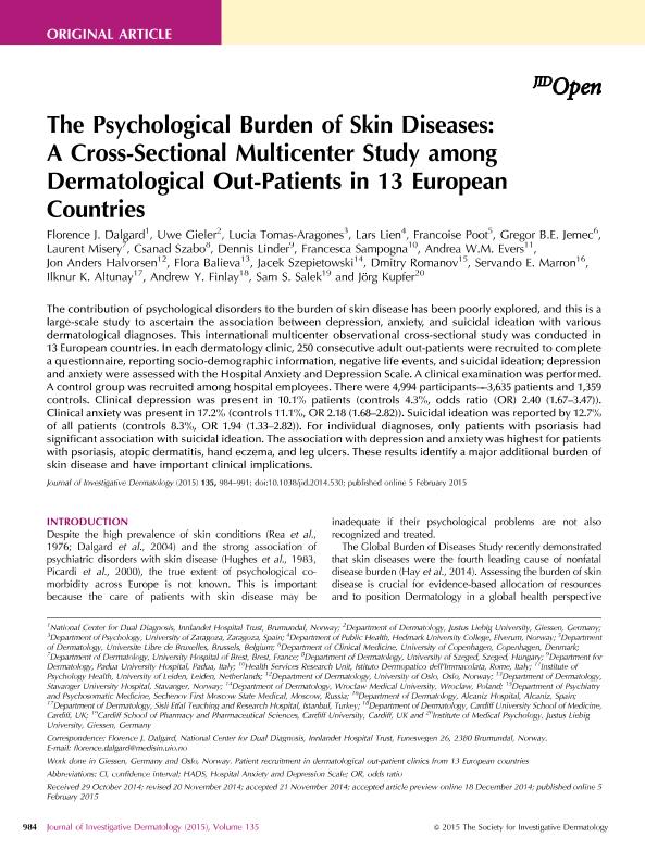 The psychological burden of skin diseases: a cross-sectional multicenter study among dermatological out-patients in 13 european countries