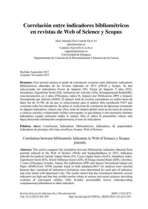 Correlación entre indicadores bibliométricos en revistas de Web of Science y Scopus
