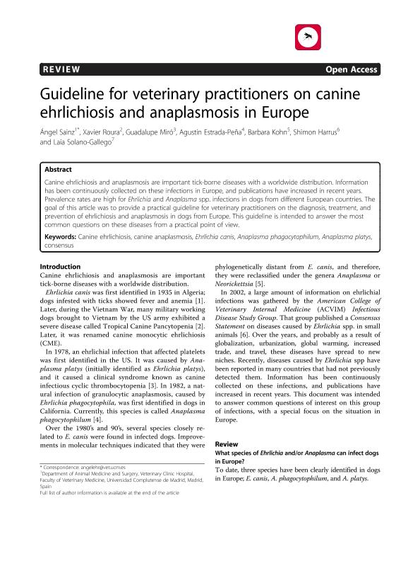 Guideline for veterinary practitioners on canine ehrlichiosis and anaplasmosis in Europe