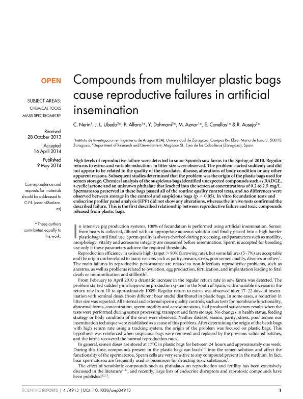 Compounds from multilayer plastic bags cause reproductive failures in artificial insemination