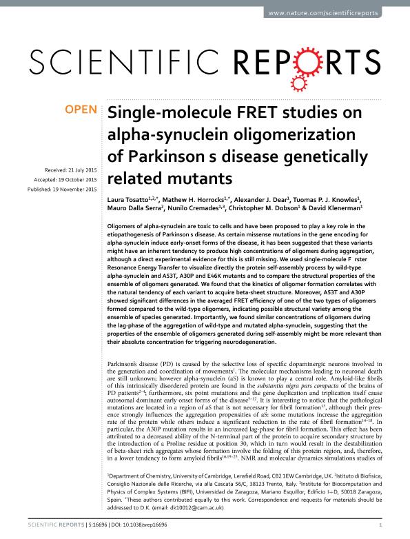 Single-molecule FRET studies on alpha-synuclein oligomerization of Parkinson's disease genetically related mutants