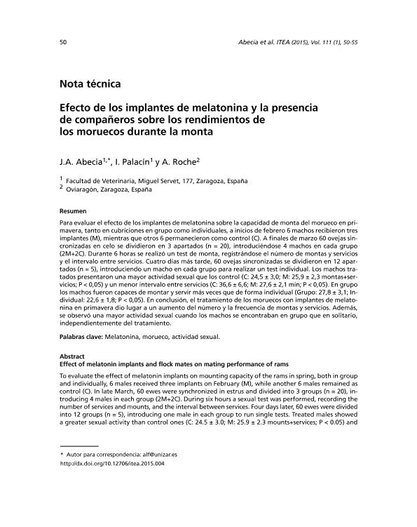 Efecto de los implantes de melatonina y la presencia de compan~eros sobre los rendimientos de los moruecos durante la monta