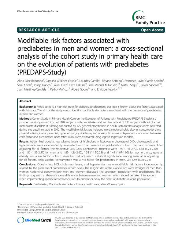 Modifiable risk factors associated with prediabetes in men and women: A cross-sectional analysis of the cohort study in primary health care on the evolution of patients with prediabetes