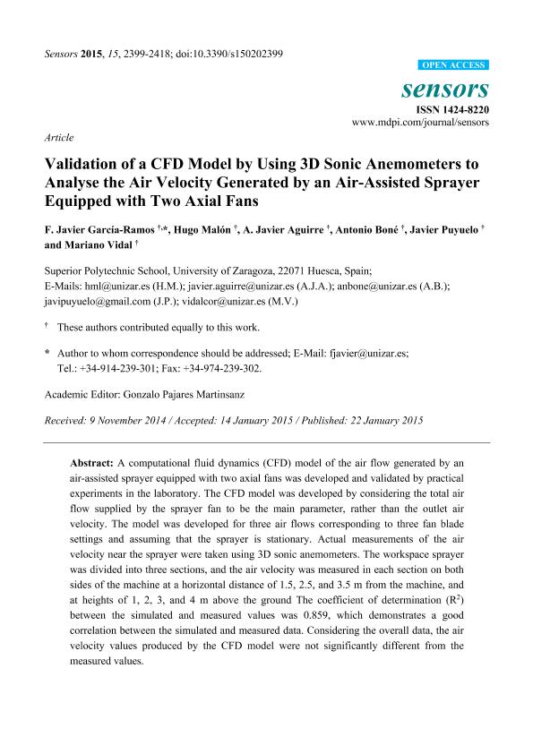Validation of a CFD model by using 3D sonic anemometers to analyse the air velocity generated by an air-assisted sprayer equipped with two axial fans