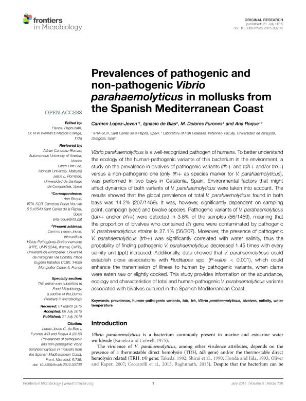 Prevalences of pathogenic and non-pathogenic Vibrio parahaemolyticus in mollusks from the Spanish Mediterranean Coast