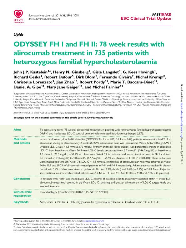 ODYSSEY FH i and FH II: 78 week results with alirocumab treatment in 735 patients with heterozygous familial hypercholesterolaemia