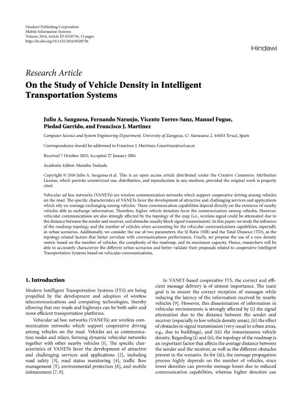 On the Study of Vehicle Density in Intelligent Transportation Systems