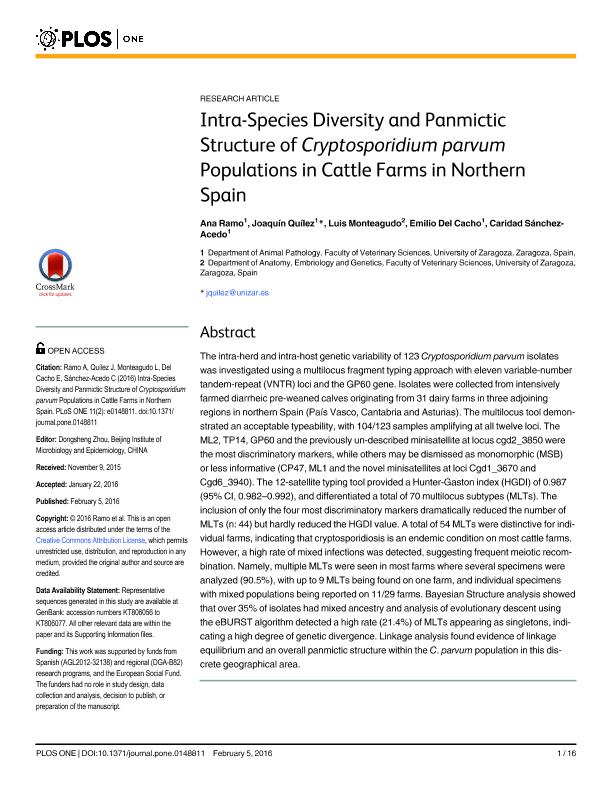 Intra-Species Diversity and Panmictic Structure of Cryptosporidium parvum Populations in Cattle Farms in Northern Spain