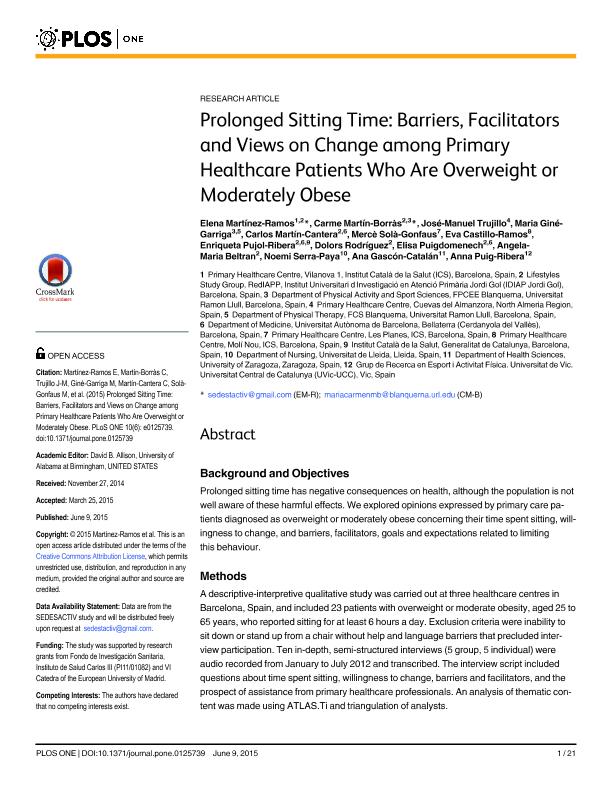 Prolonged sitting time: Barriers, facilitators and views on change among primary healthcare patients who are overweight or moderately obese
