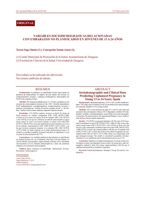 Sociodemographic and clinical data predicting unplanned pregnancy in young 13 to 24 years, Spain