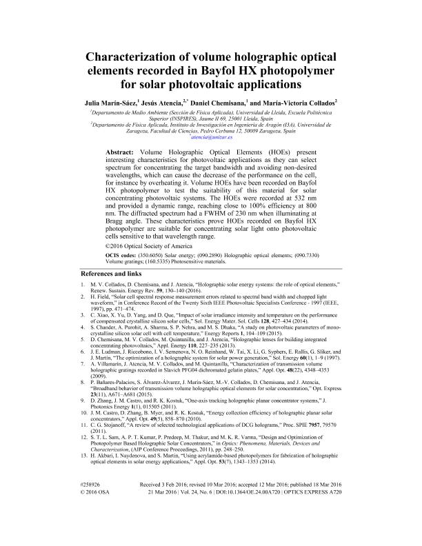 Characterization of volume holographic optical elements recorded in Bayfol HX photopolymer for solar photovoltaic applications