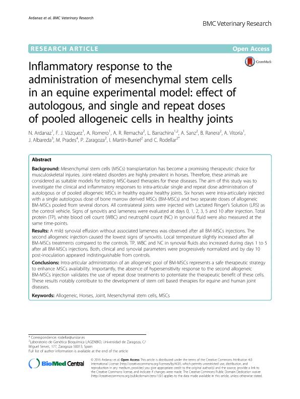 Inflammatory response to the administration of mesenchymal stem cells in an equine experimental model: effect of autologous, and single and repeat doses of pooled allogeneic cells in healthy joints