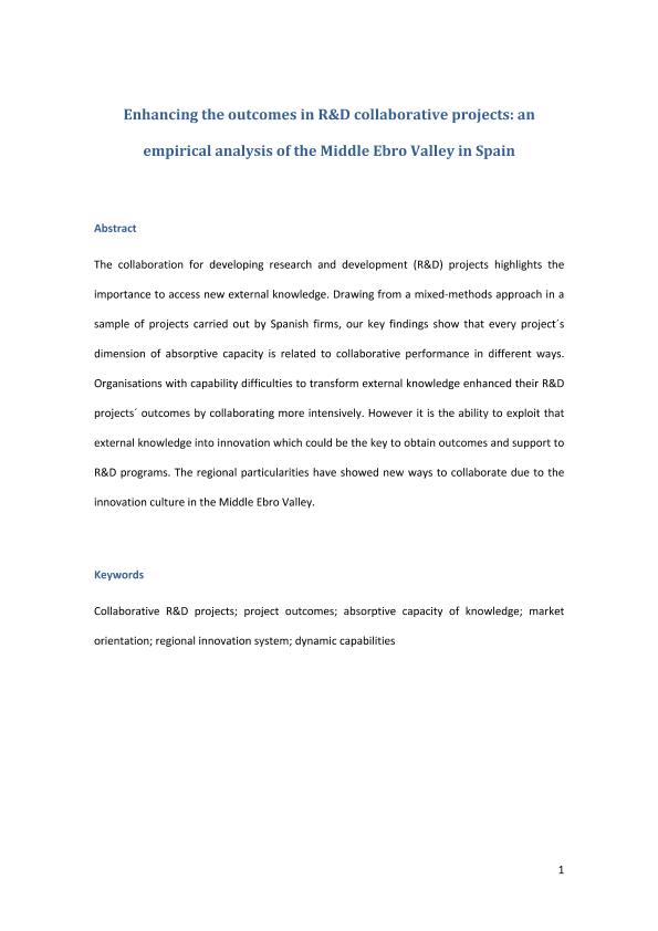 Enhancing the Outcomes in R&D Collaborative Projects: an empirical analysis of the Middle Ebro Valley in Spain
