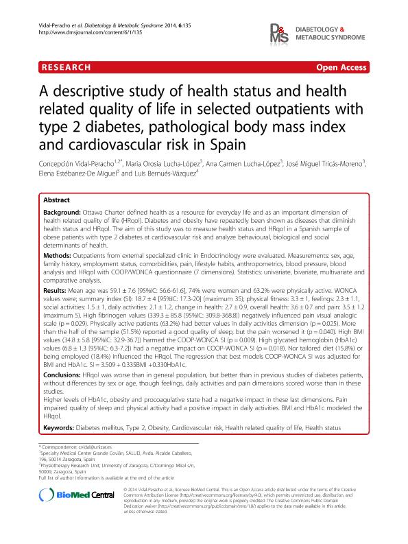 A descriptive study of health status and quality of life in selected outpatients with type 2 diabetes, pathological body mass index and cardiovascular risk in Spain.