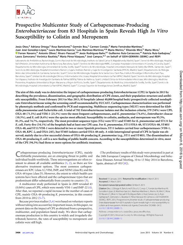 Prospective multicenter study of carbapenemase-producing Enterobacteriaceae from 83 hospitals in Spain reveals high in vitro susceptibility to colistin and meropenem