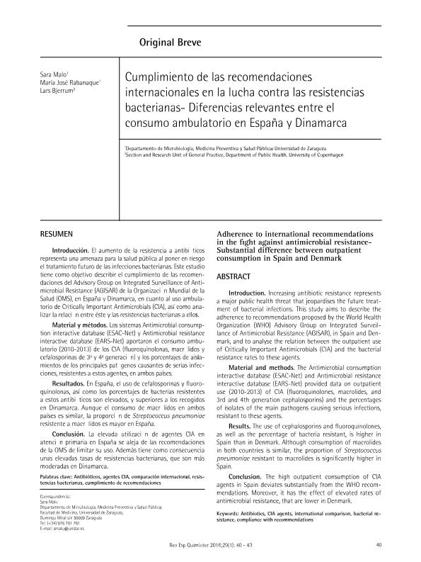 Cumplimiento de las recomendaciones internacionales en la lucha contra las resistencias bacterianas- Diferencias relevantes entre el consumo ambulatorio en España y Dinamarca