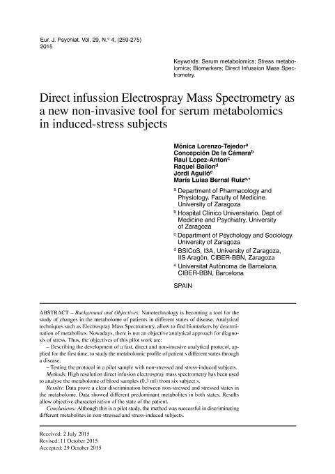 Direct infussion Electrospray Mass Spectrometry as a new non-invasive tool for serum metabolomics in induced-stress subjects