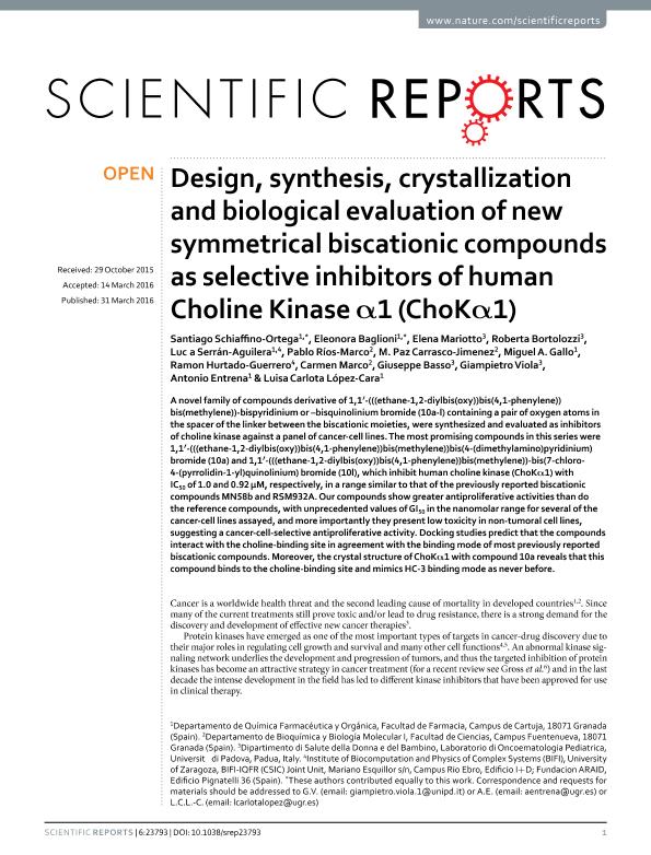 Design, synthesis, crystallization and biological evaluation of new symmetrical biscationic compounds as selective inhibitors of human Choline Kinase a1 (ChoKa1)