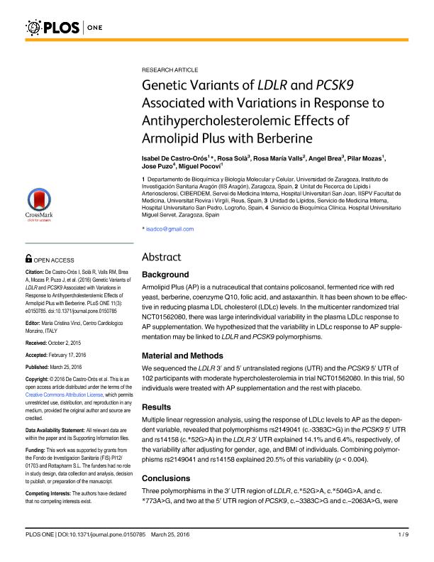 Genetic variants of LDLR and PCSK9 associated with variations in response to antihypercholesterolemic effects of Armolipid Plus with berberine