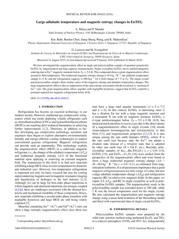 Large adiabatic temperature and magnetic entropy changes in EuTi O3