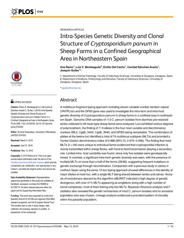 Intra-species genetic diversity and clonal structure of Cryptosporidium parvum in sheep farms in a confined geographical area in northeastern Spain