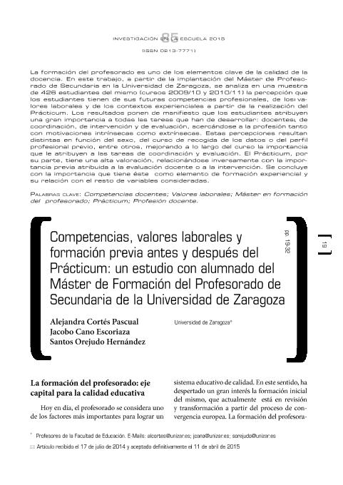 Competencias, valores laborales y formación previa antes y después del Prácticum: un estudio con alumnado del Máster de Formación del Profesorado de Secundaria de la Universidad de Zaragoza
