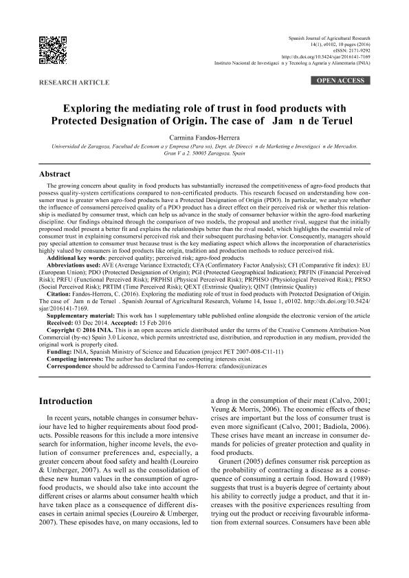 Exploring the mediating role of trust in food products with protected designation of origin. The case of “Jamón de Teruel”