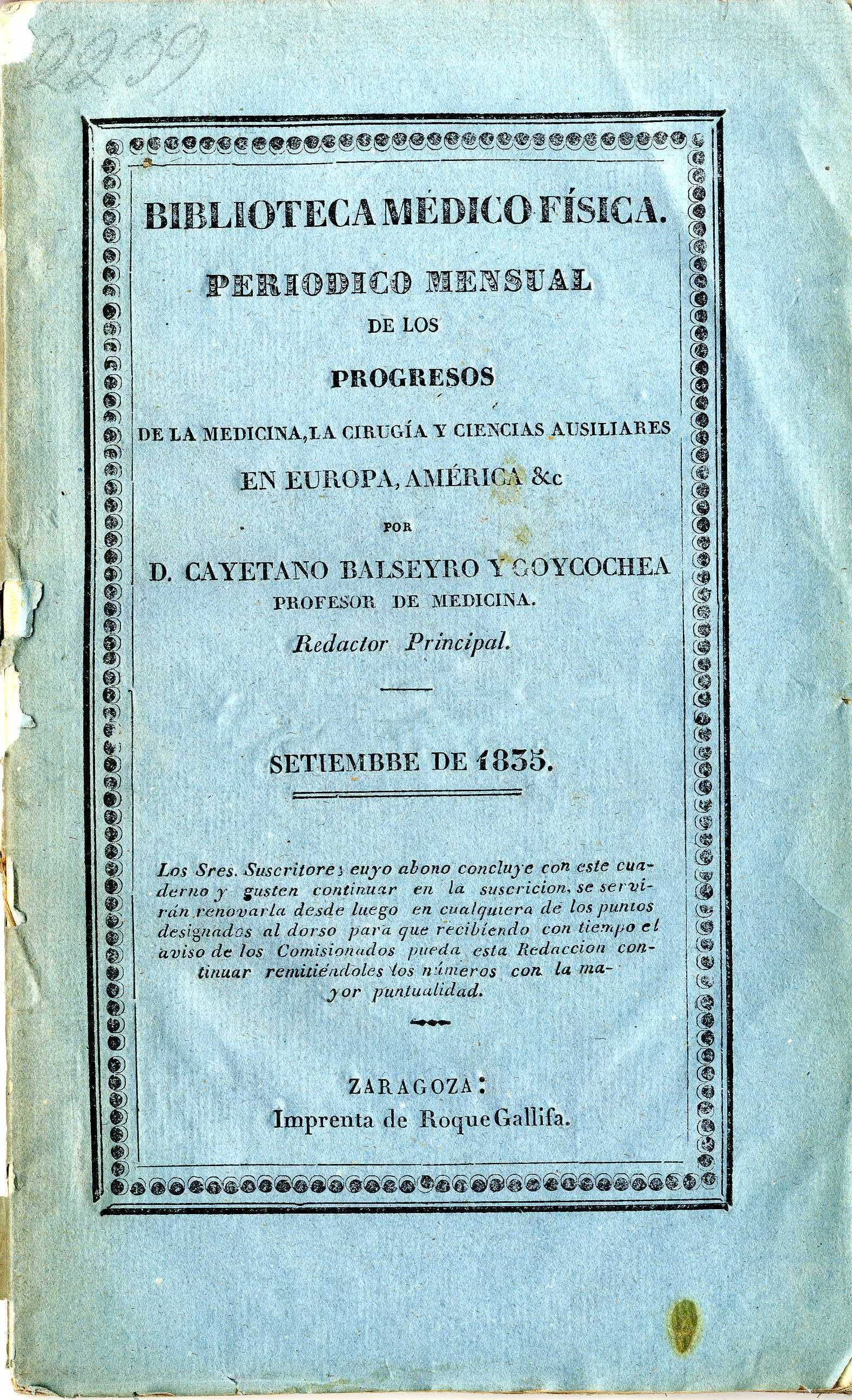Biblioteca médico-física, septiembre,  (1835)