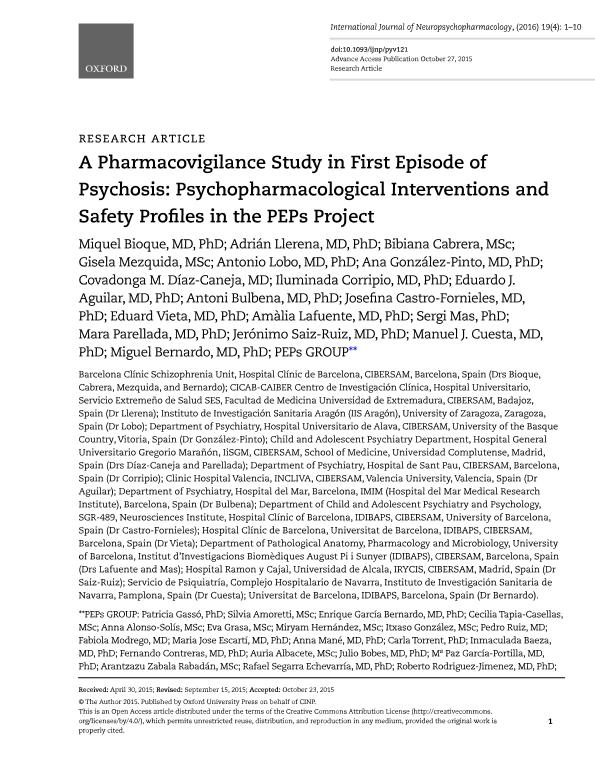 A pharmacovigilance study in first episode of psychosis: Psychopharmacological interventions and safety profiles in the peps project