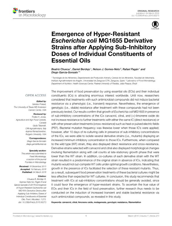 Emergence of hyper-resistant Escherichia coli MG1655 derivative strains after applying sub-inhibitory doses of individual constituents of essential oils