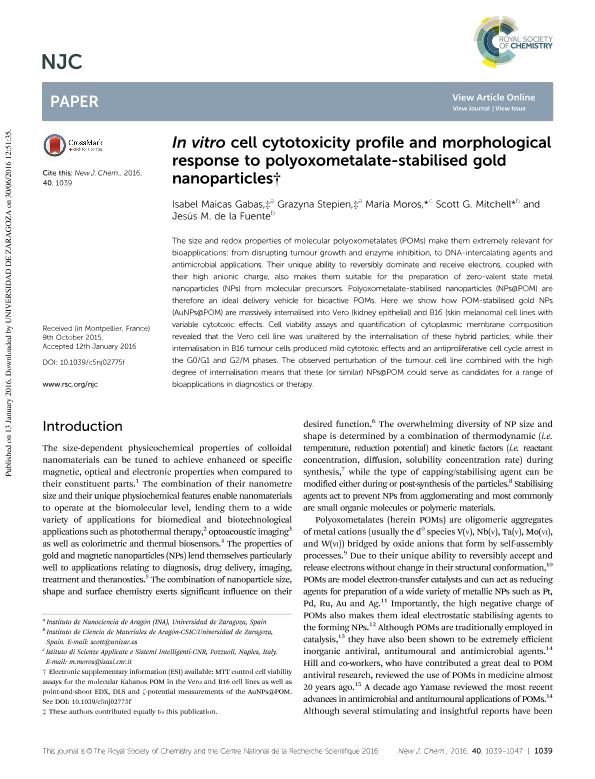 In vitro cell cytotoxicity profile and morphological response to polyoxometalate-stabilised gold nanoparticles