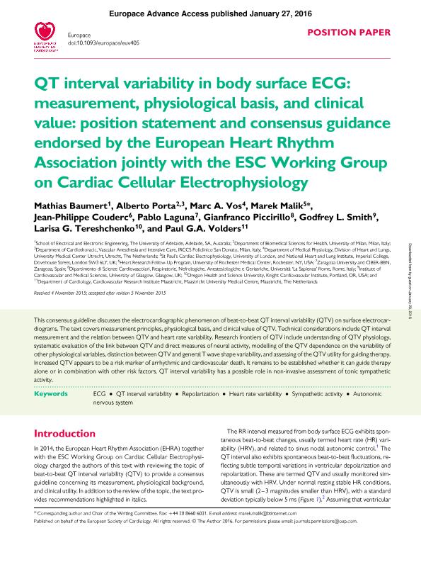 QT interval variability in body surface ECG: measurement, physiological basis, and clinical value: position statement and consensus guidance endorsed by the European Heart Rhythm  Association jointly with the ESCWorking Group  on Cardiac Cellular Electrophysiology