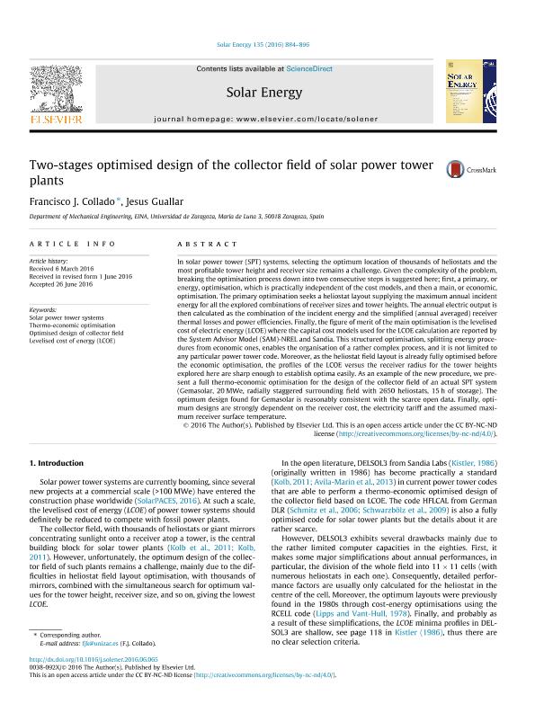 Two-stages optimised design of the collector field of solar power tower plants