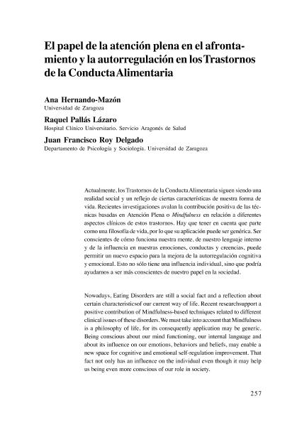 El papel de la atención plena en el afrontamiento y la autorregulación en los Trastornos de la Conducta Alimentaria.