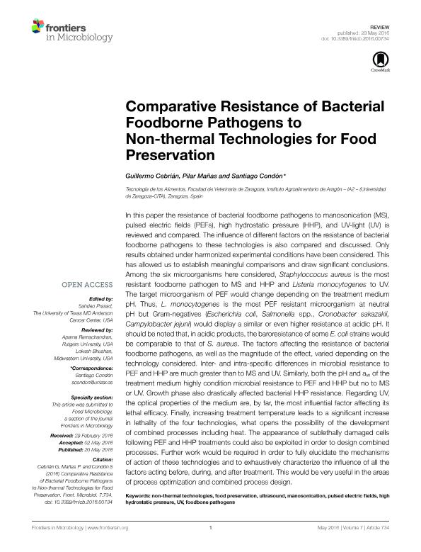 Comparative resistance of bacterial foodborne pathogens to non-thermal technologies for food preservation