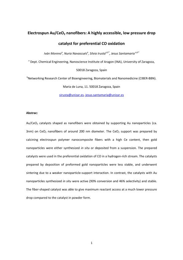 Electrospun Au/CeO2 nanofibers: A highly accessible low-pressure drop catalyst for preferential CO oxidation