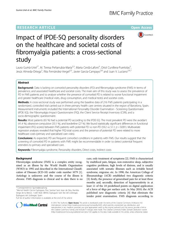 Impact of IPDE-SQ personality disorders on the healthcare and societal costs of fibromyalgia patients: A cross-sectional study